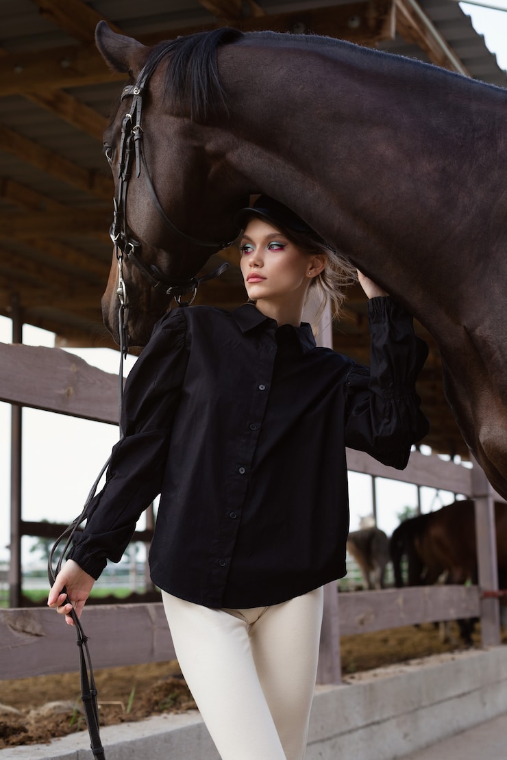 Fotografie a beautiful young girl is holding a horse by the reins