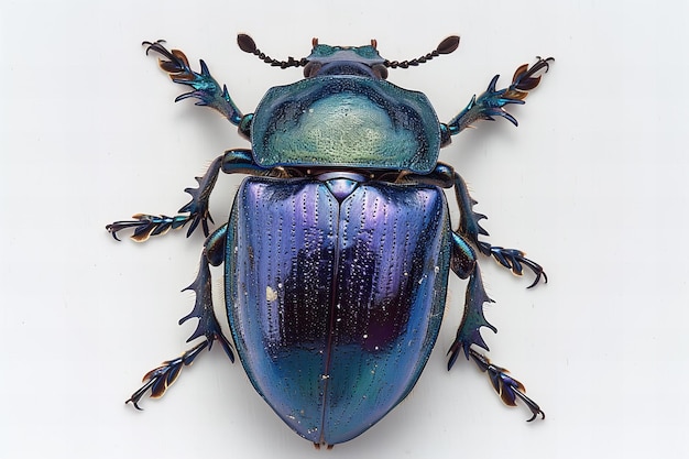 a beetle with a blue body and a purple background