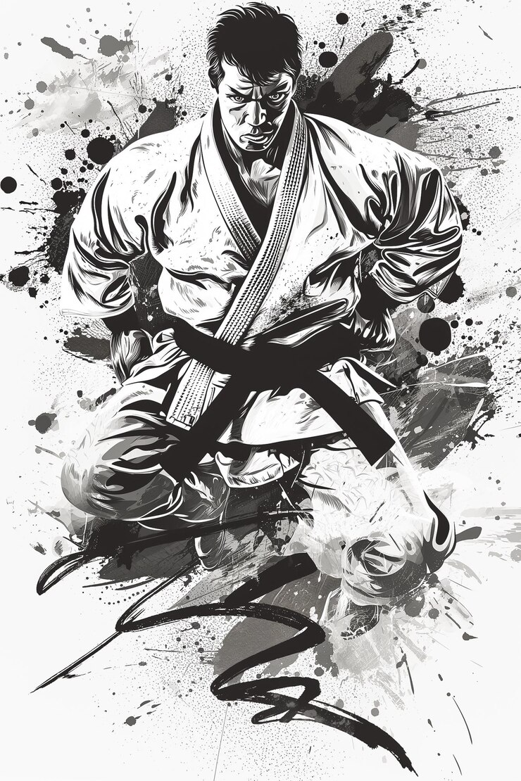 Fotografie a black and white drawing of a man in karate gear