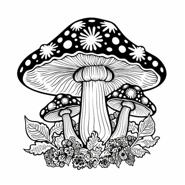 a black and white drawing of a mushroom with leaves and flowers generative ai