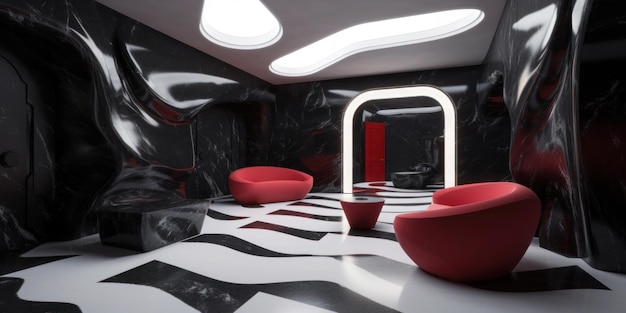a black and white room with a black and white striped floor and red chairs.