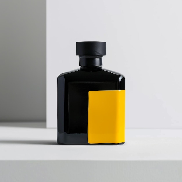 a black and yellow bottle of black liquid with a yellow square on the top