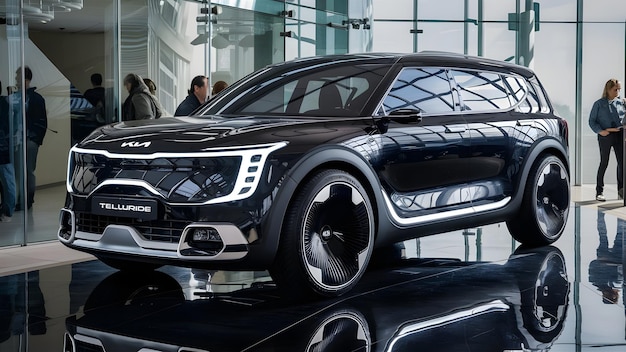 a black bmw with a black roof sits on a floor