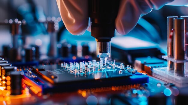 A bladelike semiconductor component being inserted into a device in a hightech lab