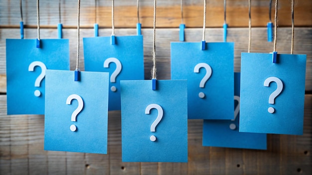 a blue question mark is hanging on a metal surface with many blue question marks