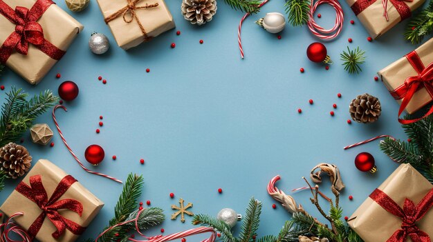 a blue table with christmas decorations and a frame with a picture of a christmas tree and ornaments