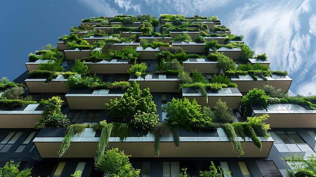 a building with a green roof and trees growing on it