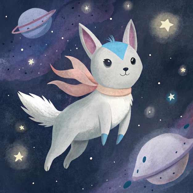 a cartoon image of a white unicorn flying through space