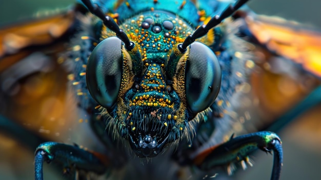 a close up of a blue and yellow insect with yellow dots