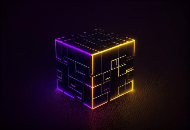 A close up of a glowing cube on a dark surface generative ai