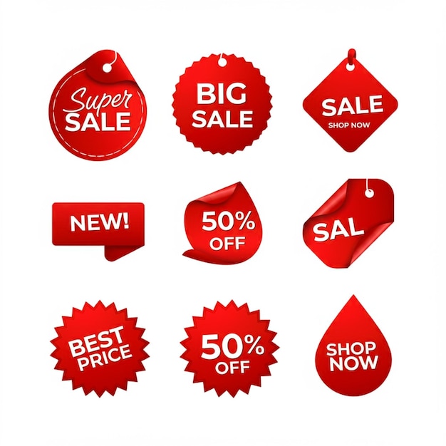 a collection of red and white signs with the words big discounts