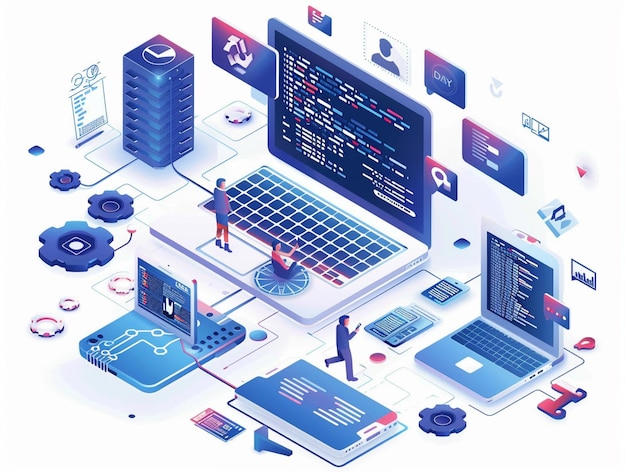 a colorful illustration of a computer with a blue screen that says quot cyber quot