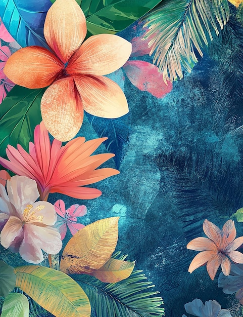 a colorful painting of flowers and leaves with a blue background