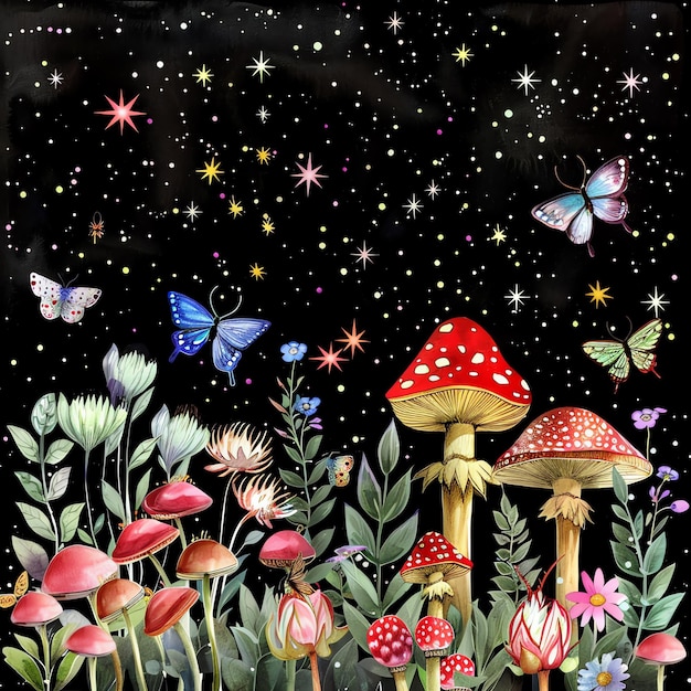 a colorful picture of a mushroom and butterflies