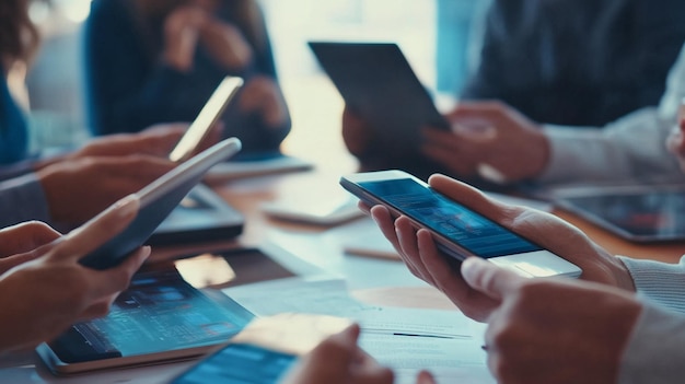 A company adopting paperless practices with employees using tablets smartphones and laptops durin