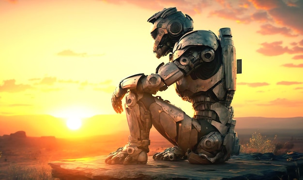 A contemplative robot enjoying the serenity of a sunset