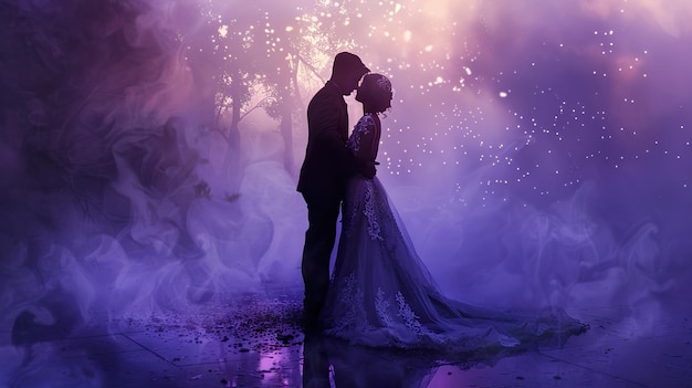 a couple in purple and purple is kissing in the rain