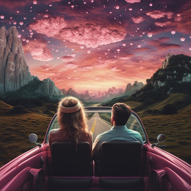 a couple is driving a boat with mountains in the background.