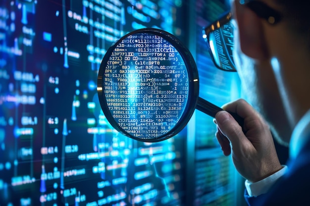 a cybersecurity specialist examines data on a computer screen with a magnifying glass a cybersecurity specialist investigating a data breach