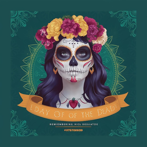 a day of the dead day day day with a skull and flowers