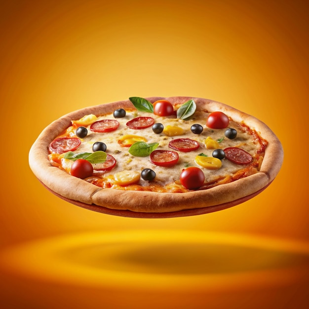 A delicious and tasty Italian pizza Margherita with tomatoes on vibrant background