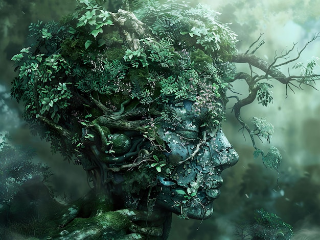 a digital painting of a woman with a tree in the background