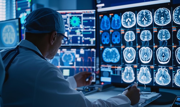 a doctor works in front of a computer with the brain brain on the screen