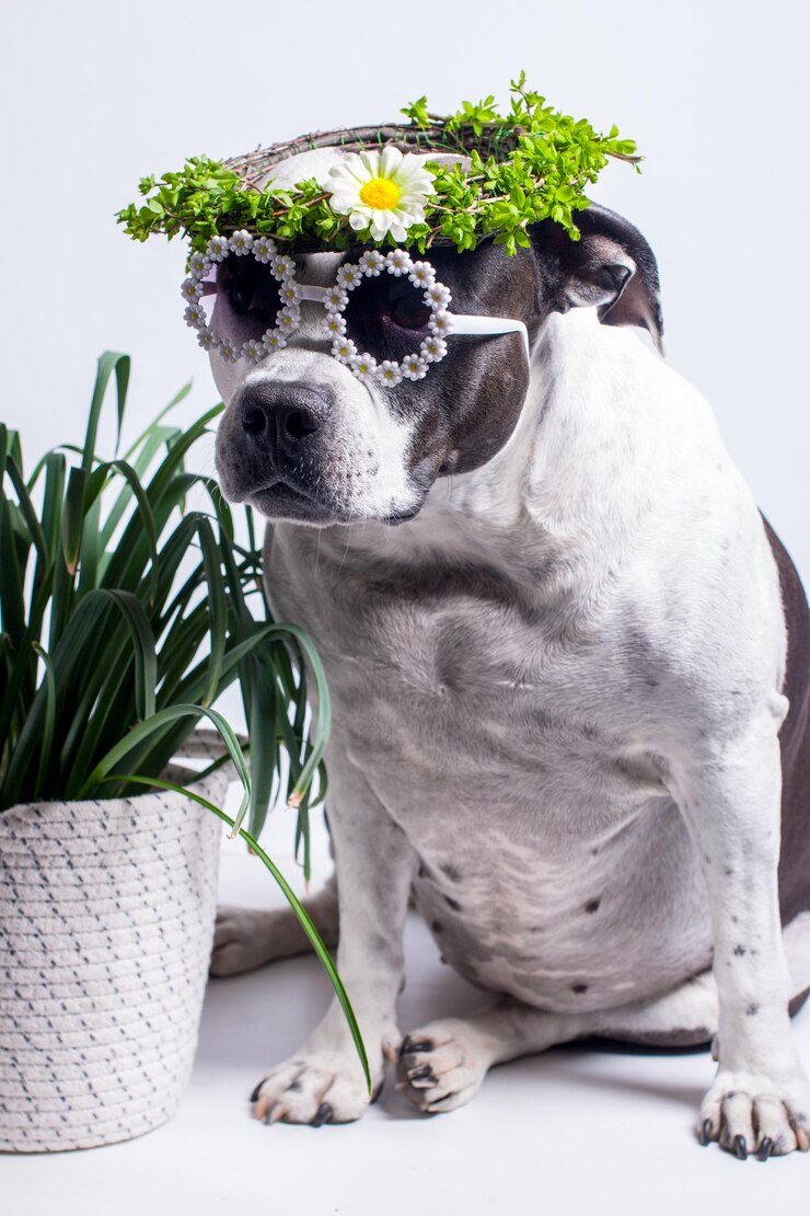Fotografie a dog in a floral spring wreath on a white background fashionable black and white pet american staffordshire terrier