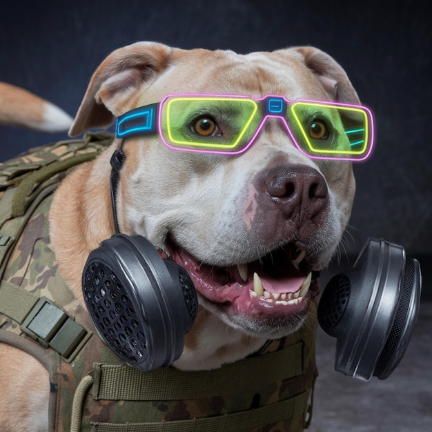 a dog wearing colorful glasses and a pair of headphones