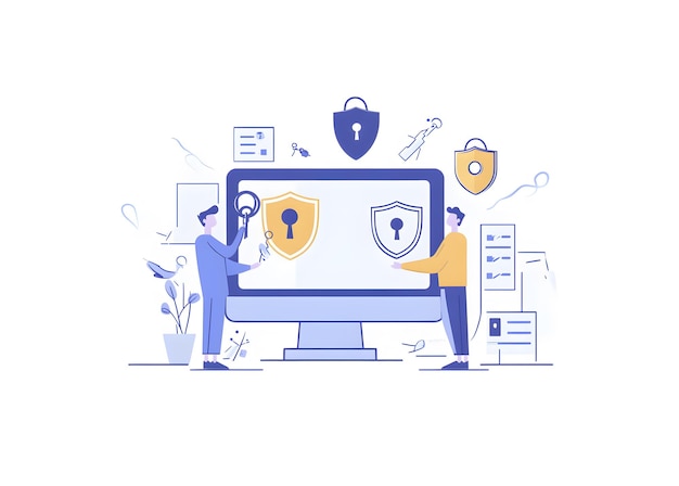 a drawing of a computer with a key lock and a key