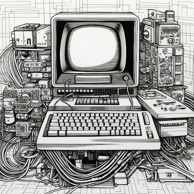 a drawing of a computer with a keyboard and a monitor generative ai
