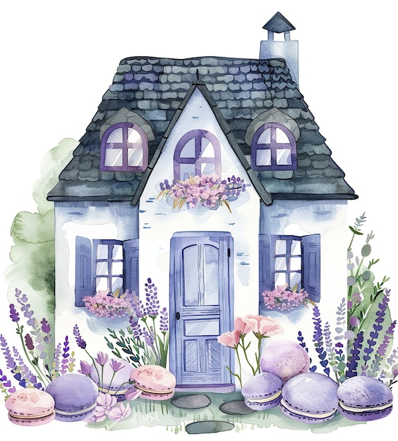a drawing of a house with a blue door and purple flowers