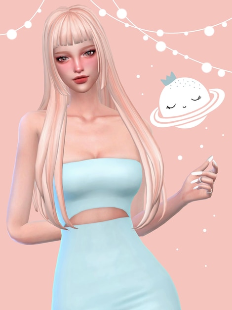 a drawing of a woman with long blonde hair and a blue dress