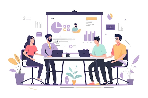 a drawing of people working in a meeting room