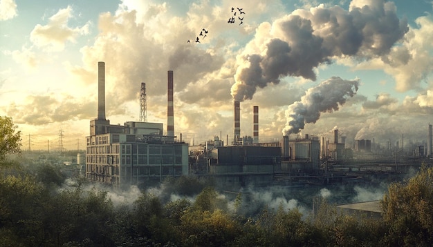 A factory with a power plant and green plant in the background