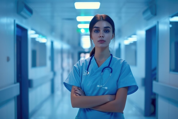 a female nurse stands in a hospital corridor with her arms crossed