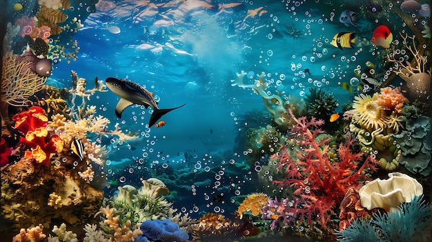 a fish swims under a coral reef with a fish swimming in it