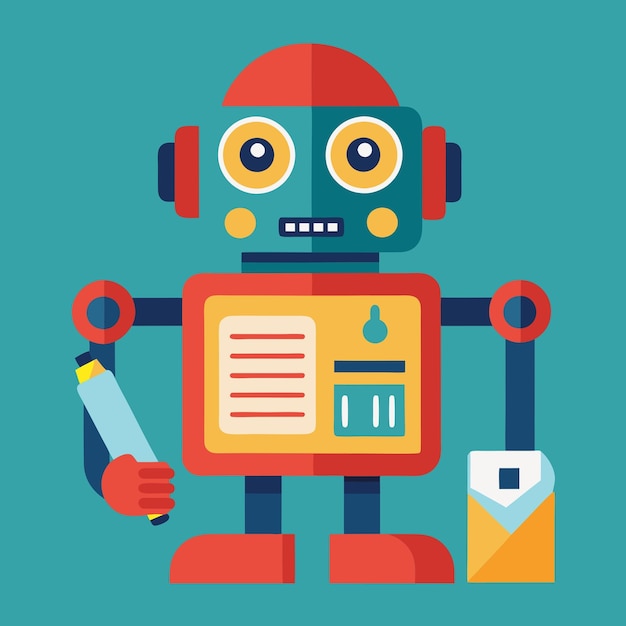 A friendly robot holds a letter and a pen