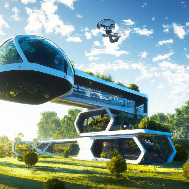 A futuristic design farmhouse with a helipad and lush green gardens