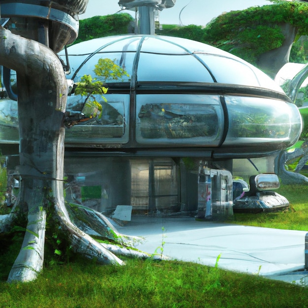 A futuristic laboratory design with lush green gardens, concept art