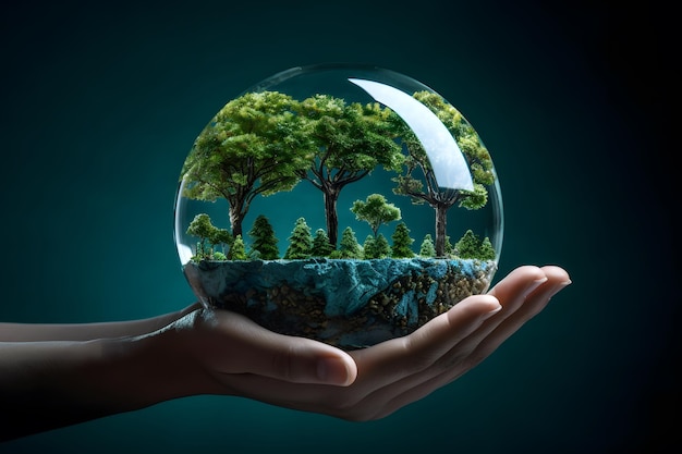 a glass globe with trees inside of it and a person holding a forest inside it