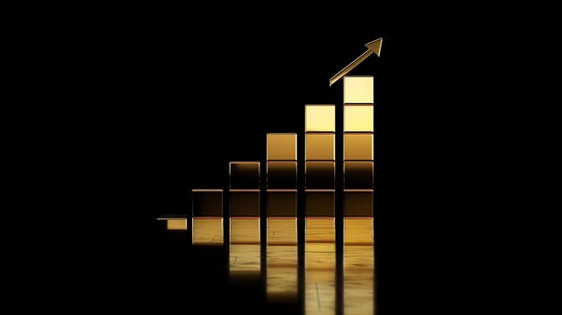 A golden bar graph with an arrow pointing up The graph is on a black background and the bars are reflecting light