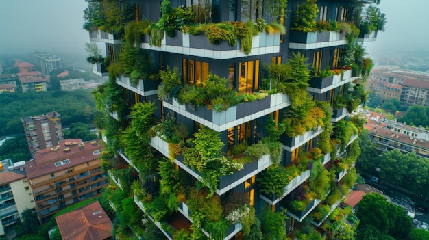 a green building with trees growing on the top of it