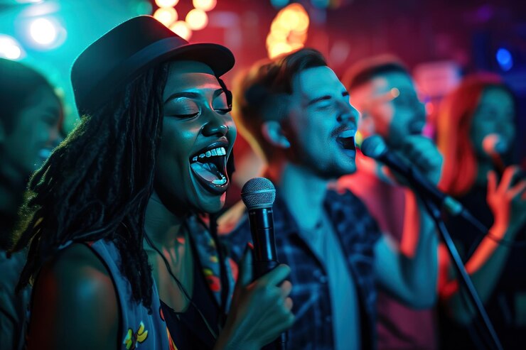 A group of diverse young friends singing at a night Ai generative