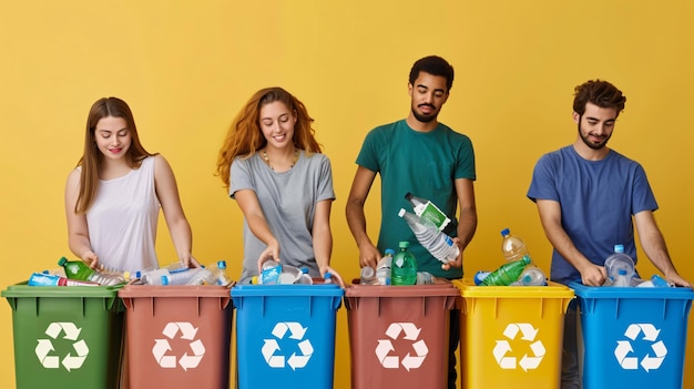 a group of people are standing around a recycling bin