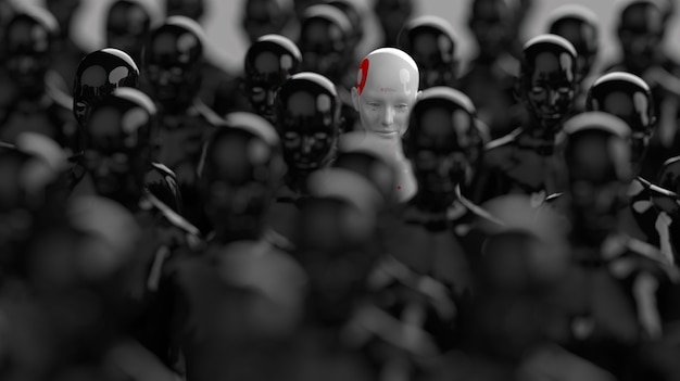 a group of robots standing in rows one robot from all has a clear difference