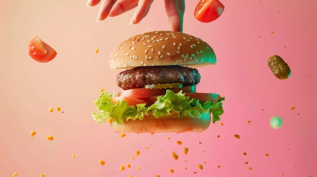 a hamburger with a hand reaching for a hamburger