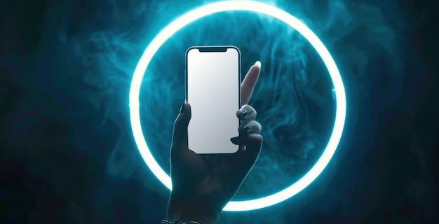 a hand holding a smartphone with a blank screen illuminated by a glowing blue circular background and surrounded by a smoky atmosphere