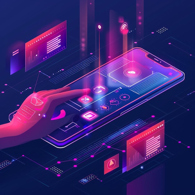 a hand is typing on a phone with a purple background