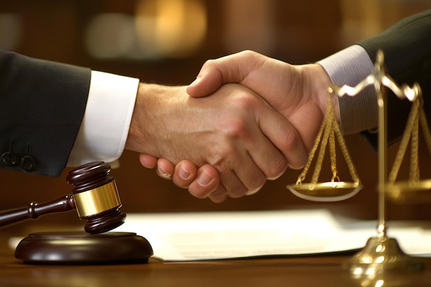 a hand shaking a hand with a judge in the background